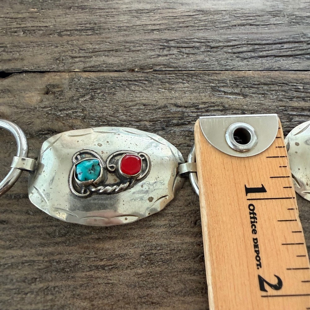 Vintage Sterling Silver Turquoise Coral Concho Link Belt 42" Western Native - Picture 8 of 10